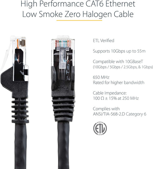 StarTech.com 6in (15cm) CAT6 Ethernet Cable - LSZH (Low Smoke Zero Halogen) - 10 Gigabit 650MHz 100W PoE RJ45 UTP Network Patch Cord Snagless w/St...