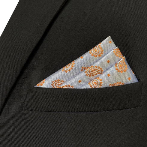 S&W SHLAX&WING Foulard Mens Pocket Squares Silver Orange Paisley for Party...