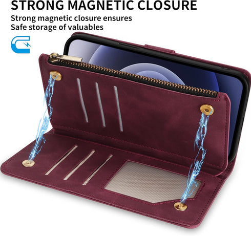 ZZXX for iPhone 12 Pro Wallet Case with Card Slot Premium Soft PU Leather Zipper Folio with Wrist Strap Kickstand Protective for iPhone 12 (Wine R...