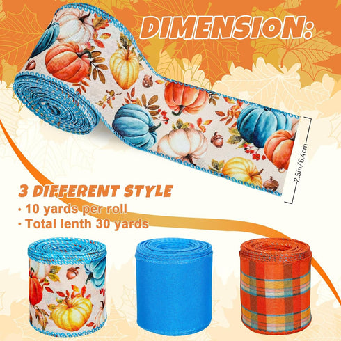 3 Roll Fall Wired Edge Ribbon 30 Yards 2.5 Inch Blue Orange Autumn Thanksgiving Pumpkin Buffalo Plaids Ribbon for Bow Wreath Craft Gift Wrap Farmh...