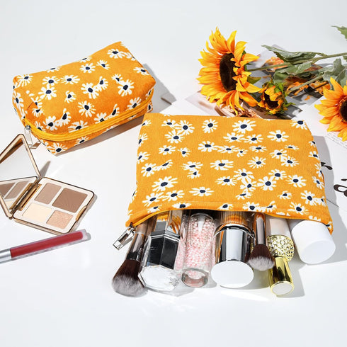 2 Pieces Little Flower Makeup Bag Large Cosmetic Bag Capacity Canvas Travel Toiletry Bag Organizer Cute Makeup Brushes Aesthetic Accessories Stora...