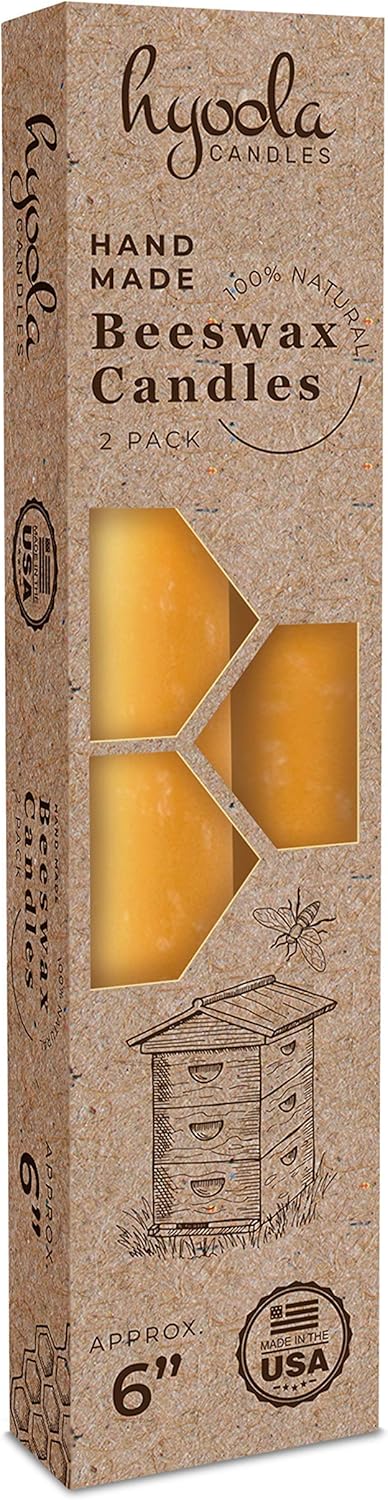 Hyoola 6" Beeswax Taper Candles - 6 Hour Burn Time - Yellow Beeswax Candles - 2 Pack...