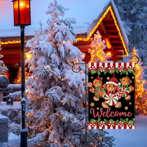 Welcome Christmas Gingerbread Man Small Decorative Garden Flag, Xmas Peppermint Candy Holly Red Berries Yard Lawn Outside Decor, Winter Holiday Fa...