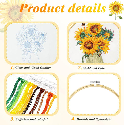 4 Set Embroidery Kit for Beginners Sunflower Adults Cross Cloth DIY Needlepoint Kit with Floral Gnome Stamped Patterns, Instructions, Embroidery H...