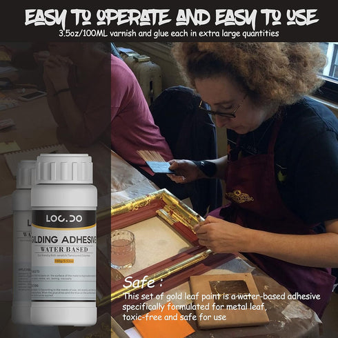 Gold Leaf Kit, Gilding Adhesive 200ml Set, Water Based Adhesive and Protective Varnish Whit Gold Leaf Sheet 100 pc, for Craft Supplies, Painting, ...