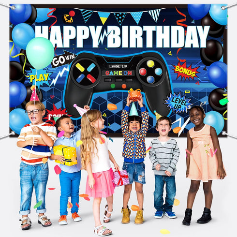 Blulu Video Game Happy Birthday Backdrop Game on Birthday Banner Level up Gaming Theme Party Background Photo Props for Party Wall Decorations Sup...