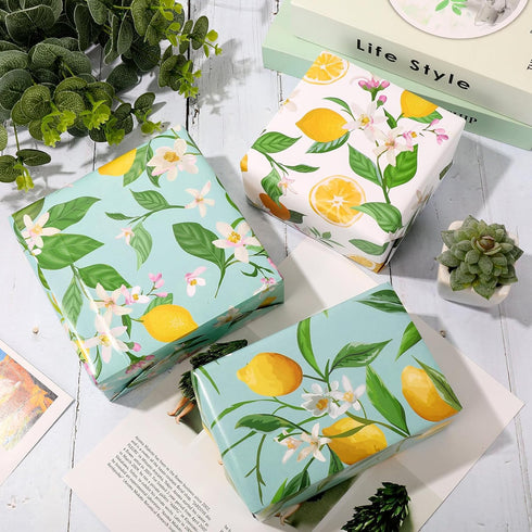 Generic AnyDesign 12 Sheets Summer Lemon Wrapping Paper - Not Roll - Watercolor Lemon Flowers Gift Wrap Paper Bulk Folded Flat Art Paper for Summe...