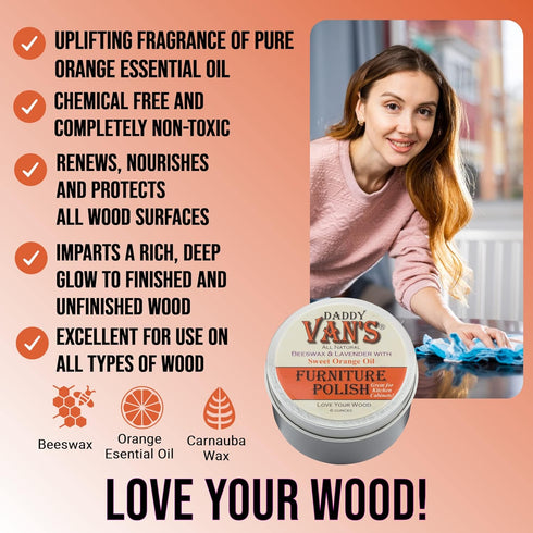 Daddy Van's Beeswax Furniture Polish – Natural Wood Polish with Lavender & Sweet Orange Oil – Non-Toxic, Chemical-Free, Eco-Friendly Wood Conditio...
