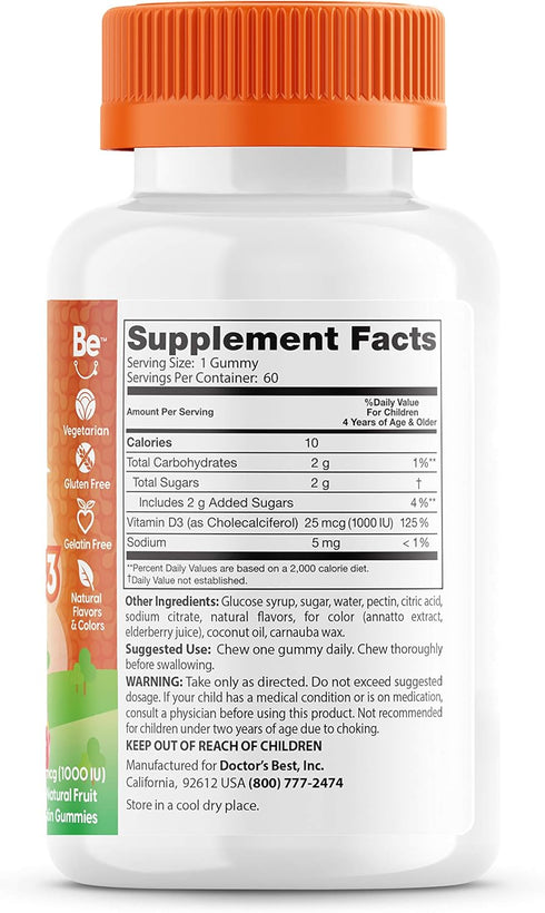 Doctor's Best Doc's Kids Children's Vitamin D3 Gummies 1000iu, Supports Healthy Bones & Teeth, Immune Health, Calcium Absorption, 60 Count...