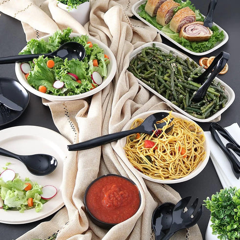 VeZee's Plastic Serving Utensils, Black Heavy Duty Disposable utensil | Set 10" Spoons 10" Forks 6" Tongs | 6 Each in One Set| 18 Pcs...