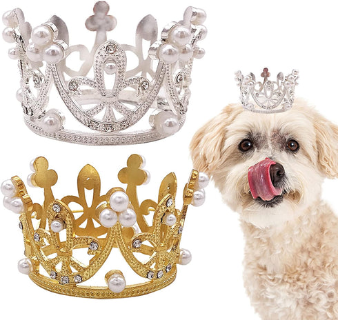 PET SHOW 2pcs Small Dog Crown Headband Puppies Rabbit Cat Hat for Birthday Party Silver Gold Rhinestone Faux Pearl Crown for Boy Girl Wedding Hair...