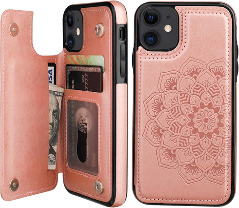 Vaburs Compatible with iPhone 11 Case Wallet with Card Holder, Embossed Mandala Pattern Flower Premium PU Leather Double Magnetic Buttons Flip Sho...