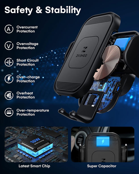 ZeeHoo Wireless Car Charger, 15w Fast Charging, Auto Clamping Car Phone Mount, Cell Phone Holder Charger, for iphone 15 14 13 12 11 Pro Max Xs, Et...