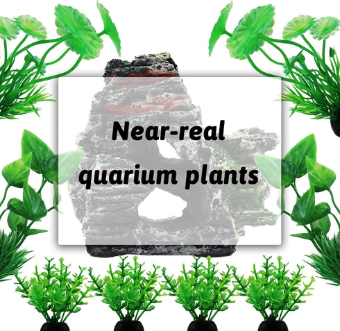 Aquarium Decorations Plants with Rockery View, Aquarium Decor Green Plants and Rock Cave Hideout Ornaments, Fish Tank Accessories, Fish Tank Plant...