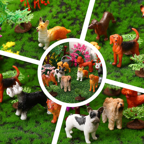 Sratte 26 Pcs Mini Dog Figurines Playset 12 Toy Dogs 9 Model Trees 5 Artificial Flowers Animal Figurines Diorama Supplies for Cake Toppers Toddler...