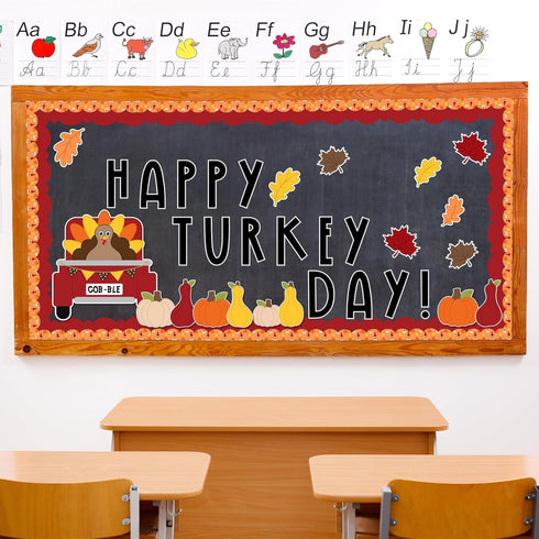 Whaline 88Pcs Thanksgiving Bulletin Board Kit Pumpkin Turkey Maple Leaf Bulletin Board Set Happy Turkey Day Decoration Borders Cutouts with Glue P...
