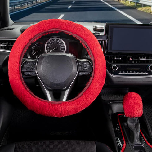 SEG Direct Furry Car Steering Wheel Cover with Fluffy Gear Shift Cover Soft Warm Non-Slip Car Decoration for Women Girls 2 PCS Set, Red...