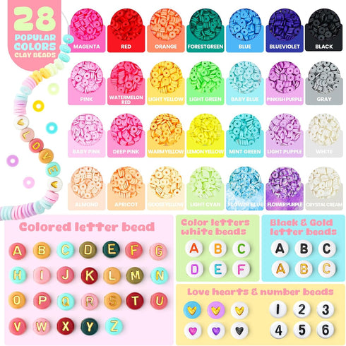Dowsabel Friendship Bracelet Kit, 28 Colors Clay Beads Letter Beads Bracelet Making Kit, 4 Styles of Round Alphabet Beads with Number, Heart Beads...