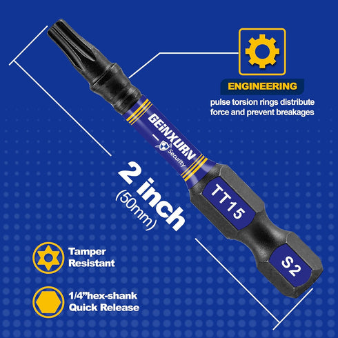 2 In. Security T15 Impact Magnetic Screwdriver Bit Set, 15Pieces #15 Torx Head Power Bit Set, S2 Alloy Steel Hollow Star Bit Set...