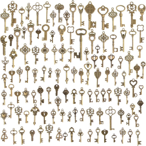 CHuangQi 125pcs/6oz Vintage Skeleton Keys Set, Steampunk Key Necklace, Antique Bronze Charms Pendants, DIY Handcrafts Jewelry Making, Wedding & Bi...
