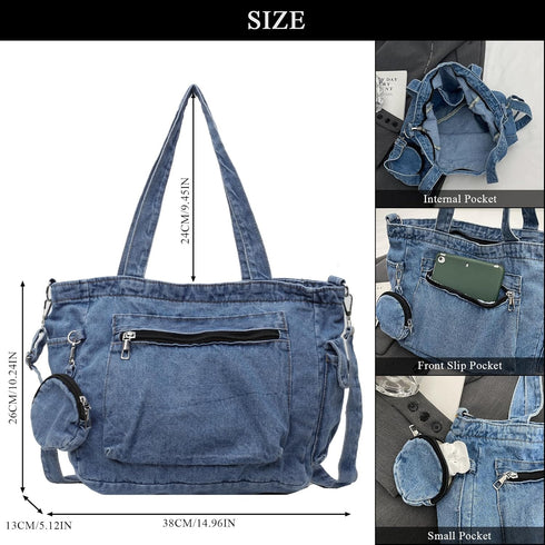 Denim Tote Bag, Large Capacity Jean Purses for Women Denim Crossbody Handbags with Small Purse...
