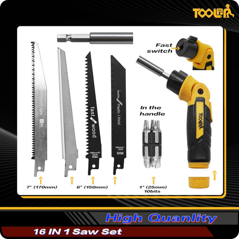 TOOLAN: 16-In-1 Multi Blades Hand Saw With Screw Driver (Manual Saw, Not Electric). For Cut Wood, Metel, Plastic, Sheetrock, Dry Wall Saw, Plywood...