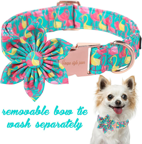 Unique Style Paws Summer Dog Collar with Floral Bow,Flamingo Bow Tie Puppy Collar, Cute Green Dog Bow Collar for Small,Medium,Large Dogs Pets Summ...