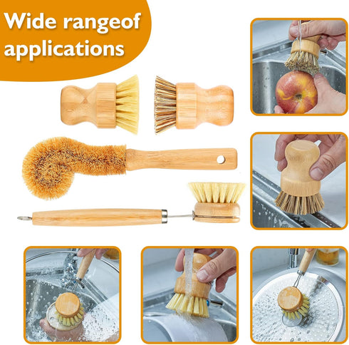 Bamboo Dish Brushes Sets 4 Tools in One Kitchen Clean Dish Scrubber for Pots Pans Bottles with Natural Bristles (Bamboo Brushes Sets)...