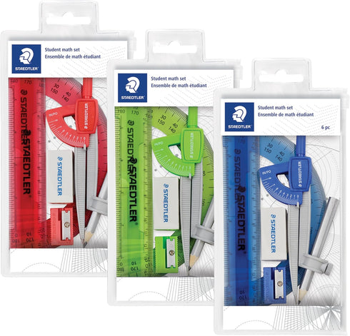 STAEDTLER Student Math Set - Essential School Supplies with 6-Piece - Compass, 6in Ruler, 180° Protractor, Pencil, Eraser & Sharpener in Zippered ...