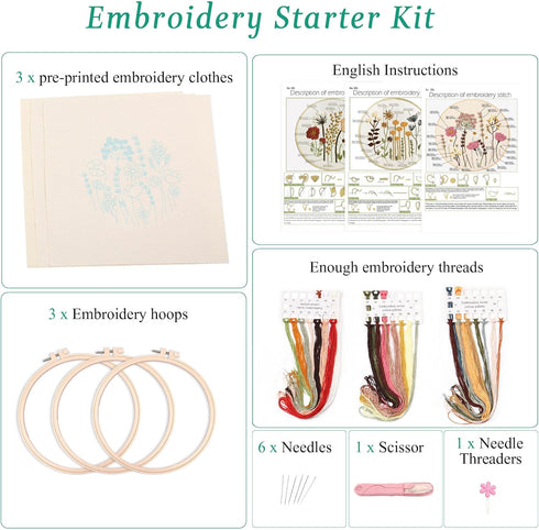 Harimau 3 Pack Embroidery Kit for Beginners , Floral Plant Pattern,Cross Stitch Kits Set , Including Stamped Embroidery Cloth with 3 Embroidery Ho...