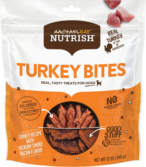 Rachael Ray Nutrish Turkey Bites Real Meat Grain Free Dog Treats, Turkey Recipe with Hickory Smoked Bacon Flavor, 12 Ounces (Packaging May Vary)...