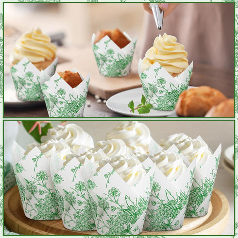 Gerrii 200 Pcs Green Flower Tulip Cupcake Liners Paper Baking Cups Cupcake Wrappers Tea Parties Mini Muffin Case Trays for Wedding Bridal Party Ba...