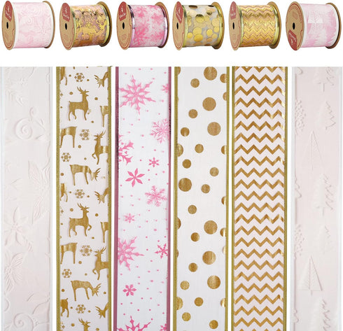 MEEDEE Pink Wired Christmas Ribbon - 2.5 Inch, 6 Rolls, 36 Yards for Tree, Wreaths & Garland...