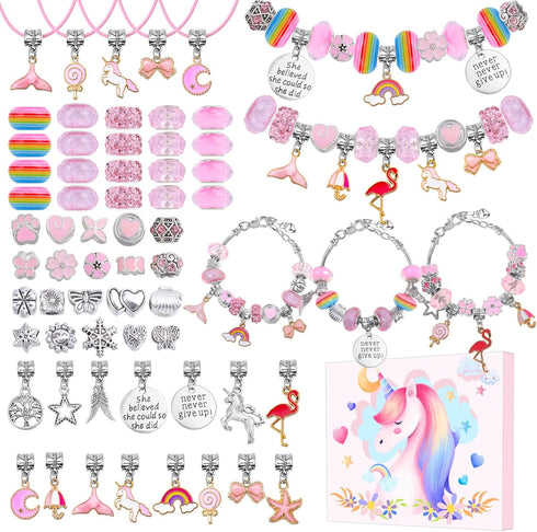 Flasoo DIY Charm Bracelet Making Kit, Jewelry Kit with Unicorn Mermaid Pink Stuff Craft Gifts for Birthday, Christmas, New Year...