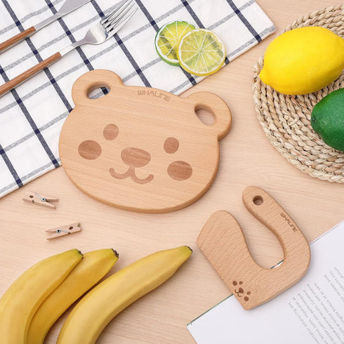 Whaline Wooden Kids Knife Set Cute Bear Wooden Cutting Board and Safe Wooden Kids Knife Natural Thick Montessori Knife for Kids Toddlers Kitchen T...