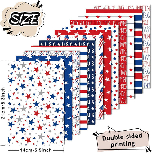Whaline 60 Sheets Patriotic Pattern Paper Star Stripe Fireworks Scrapbook Specialty Paper 4th of July Double Sided Craft Paper For Independence Da...