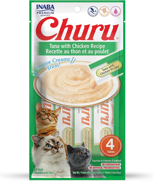 INABA Churu Cat Treats, Grain-Free, Lickable, Squeezable Creamy Purée Cat Treat/Topper with Vitamin E & Taurine, 0.5 Ounces Each Tube, 4 Tubes, Tu...