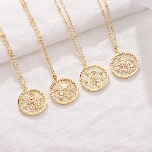 Layered Birth Flower Coin Necklace for Women 18K Gold Plated Double Layered Engraved Custom Floral Pendant Necklaces Dainty Birth Month Flower Dis...