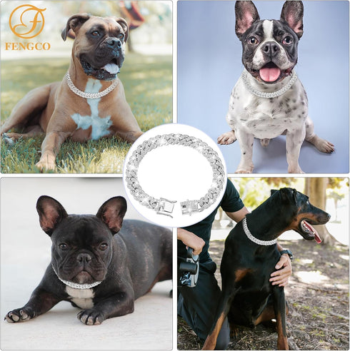 Silver Dog Chain Collar Diamond Cuban Link Dog Collar 13mm Wide Dog Necklace Metal Cat Chain Pet Crystal Collar Jewelry Accessories for Small Medi...