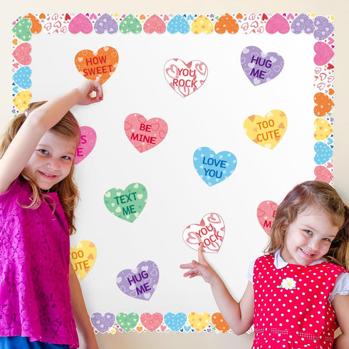 Haooryx 76Pcs Sweet Conversation Heart Cutouts Bulletin Board Set Valentine's Day Candy Heart Paper Cut-Outs Border Trim Bulletin Cardboard for Va...