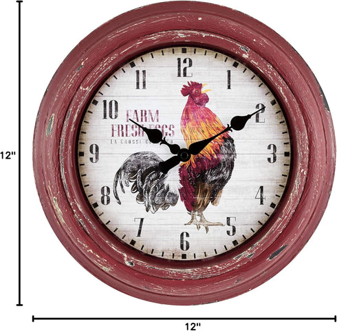 La Crosse Technology 12 Inch Distressed Red Rooster Quartz Wall Clock - 404-3630...