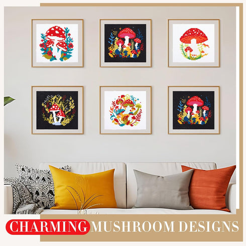 Juexica 6 Pcs Mushroom Cross Stitch Sets Mushroom Embroidery Kit for Beginners with Pattern and Instructions, 2 Embroidery Hoops, 6 Needles, Needl...