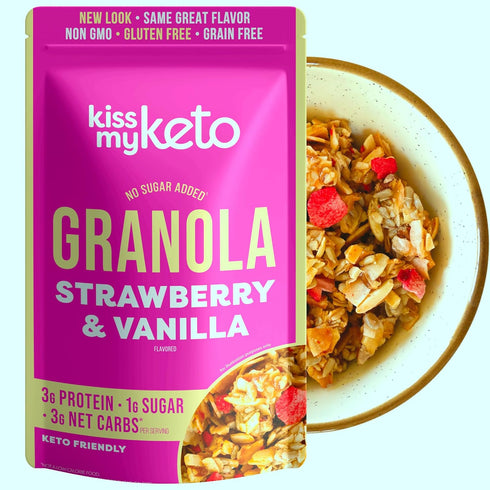 Kiss My Keto Granola Cereal – Strawberry Vanilla Keto Granola Low Carb Cereal (2g-Net) Low Sugar Granola (1g) – Grain Free Granola Keto Cereal, Gl...