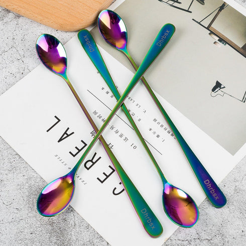 Long-handled ice tea spoon, cocktail stir spoons, stainless steel coffee spoons, Colored ice cream scoop (9 IN iridescence, Round)...