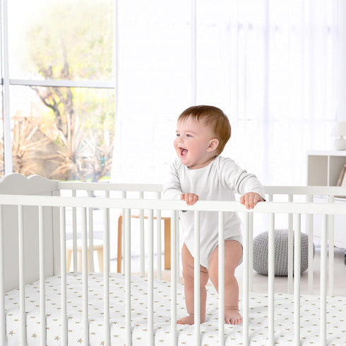 Gold and White Star Baby or Toddler Fitted Crib Sheet for Celestial Collection by Sweet Jojo Designs...