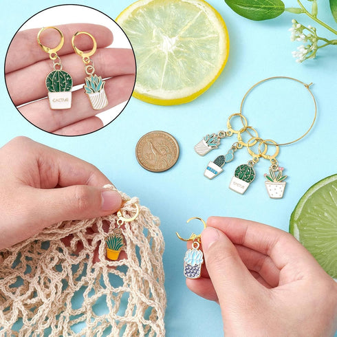 Stiesy Pot Plant Theme Stitch Markers with Brass Leverback Clasps Enamel Cactus Locking Crochet Stitch Marker Charms DIY Handmade Gift for Weaving...