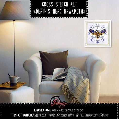Povitrulya 'Death's-Head Hawkmoth' Embroidery Kit - Skull Moth Counted Cross Stitch Set for Adults with Pattern, Aida 14 Count Cloth and Pre-Sorte...