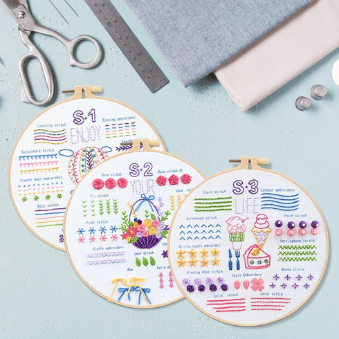 Sekonow 3 Sets Embroidery Kit for Beginners with 3 Hoops, 33 Different Stitches with Patterns, Craft Needlepoint Embroidery Starter Kit for Adults...