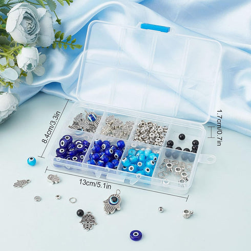 SUNNYCLUE 1 Box 240Pcs 6 String Evil Eye Bracelets Making Kit 8mm/10mm Evil Eye Beads Bulk Lampwork Glass Beads Blue Hamsa Hand Charms for Jewelry...