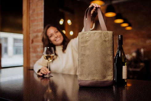 PICNIC TIME 2 Bottle Insulated, Distressed Waxed Canvas Tote, Wine Gift Bag, Khaki Green with Beige Accents...